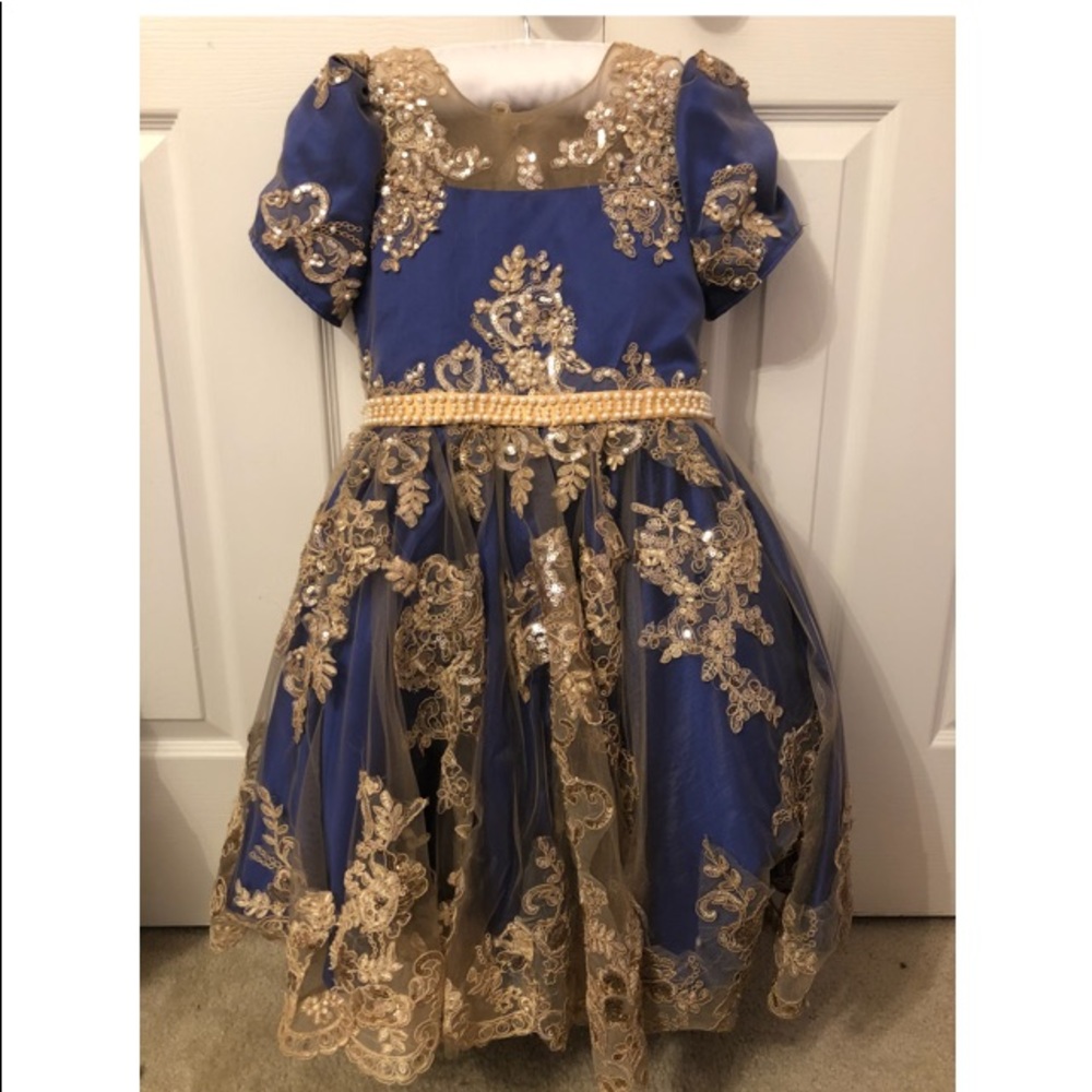 Girls Formal Royal Blue & Gold Dress Size 7/8